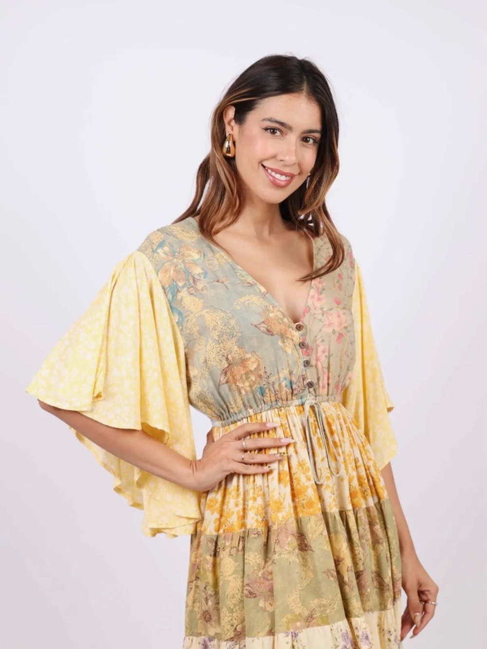 Sacred Threads Flutter Sleeve Boho Yellow, Blue & Green Floral Tiered Maxi Dress - Picture 4 of 4